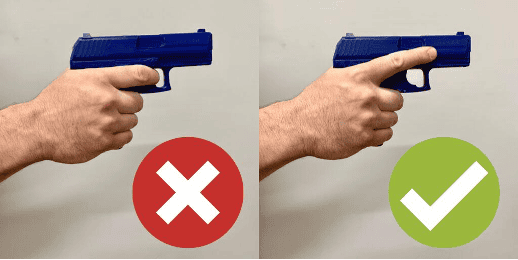 Demonstration of correct and incorrect handgun grip shown with check and cross symbols for safe range practices at Bill's Gun Shop & Range.